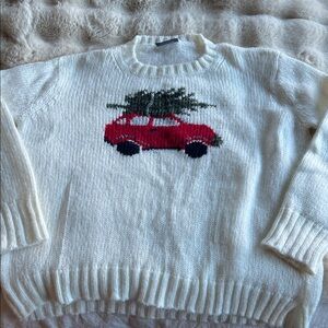 Wooden Ships White Sweater with Red Car and Green Tree